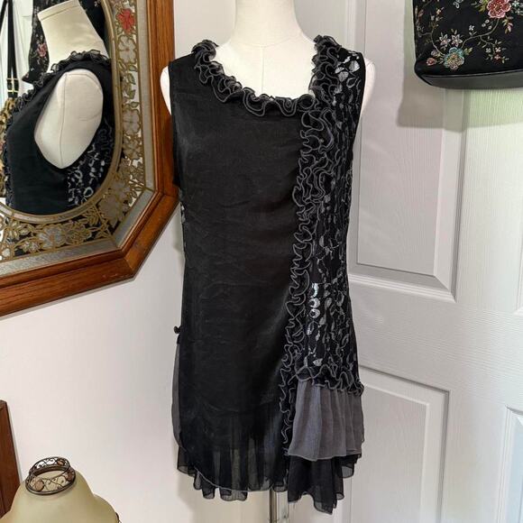 VTG Y2K Pretty Angel Black, Grey & Silver Silk Blend Grunge Ruffle Tank Top M - Picture 1 of 7